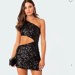EDIKTED Black Sequin One-Shoulder Cutout Dress